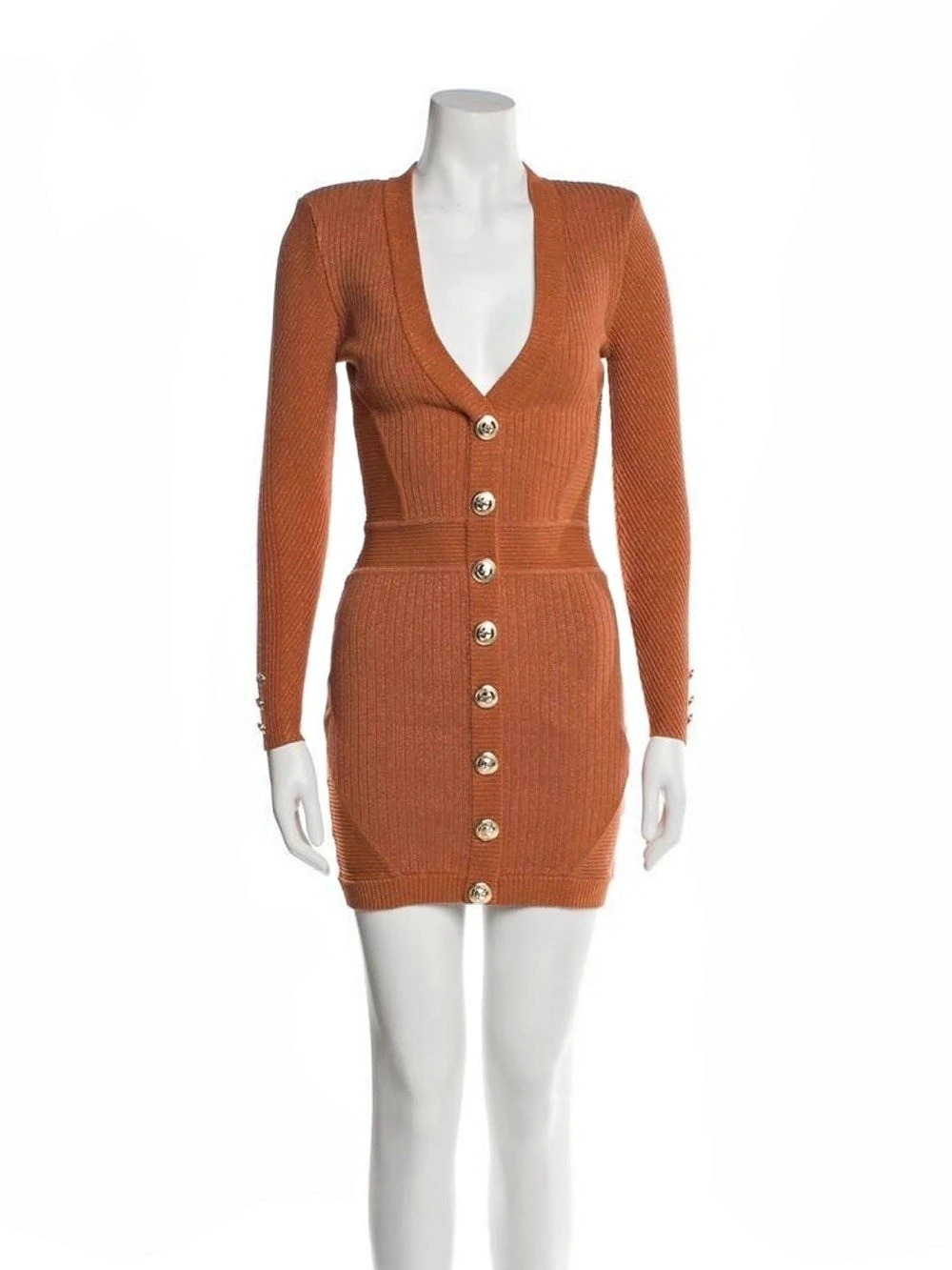 Retrofete Button-Embellished Ribbed-Knit Mini Dress in Brown